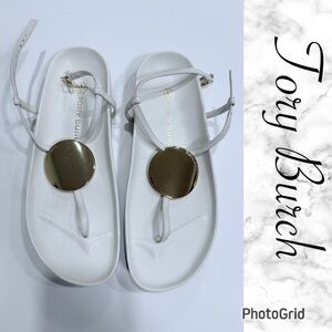 Tory Burch Patos White Sandals with Gold Accents